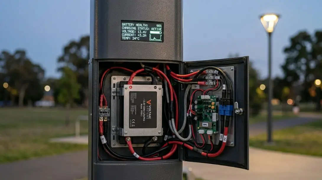 An infographic diagram showing a 12.8V LiFePO4 battery connected to a smart solar streetlight with a digital display showing battery health and charging status.