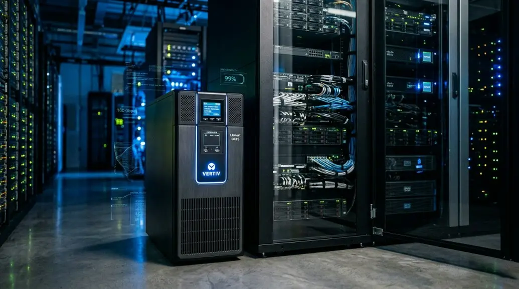 A high-tech, futuristic lithium ion UPS unit standing next to a server rack in a modern data center with blue lighting and digital data overlays.