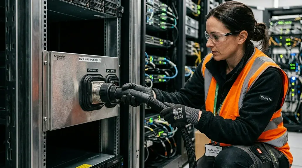 A technician wearing safety gear installing a modular UPS cable into a sleek, metallic server rack with waterproofing seals visible.