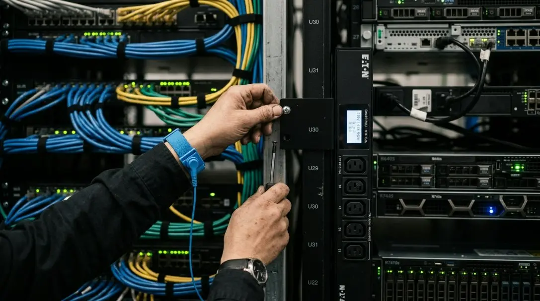 Step-by-step engineering tutorial illustration showing a technician safely installing a rack-mounted vertical Smart PDU in an enterprise cabinet.