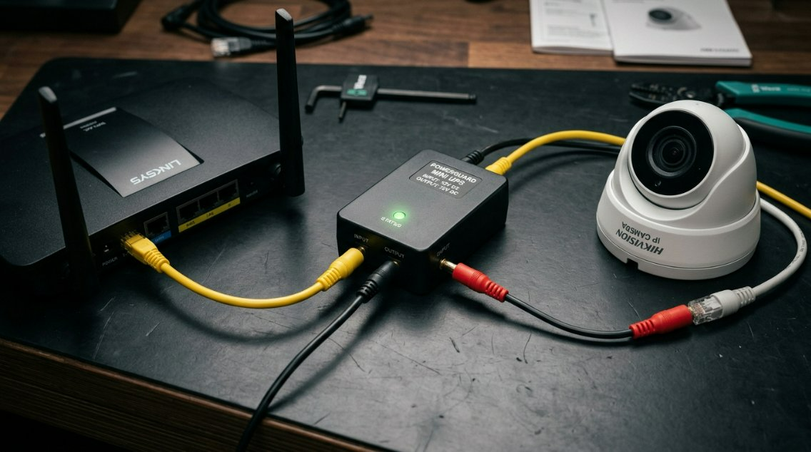 A step-by-step schematic diagram demonstrating how to connect a 12V Mini UPS to a router and a security CCTV camera setup safely.