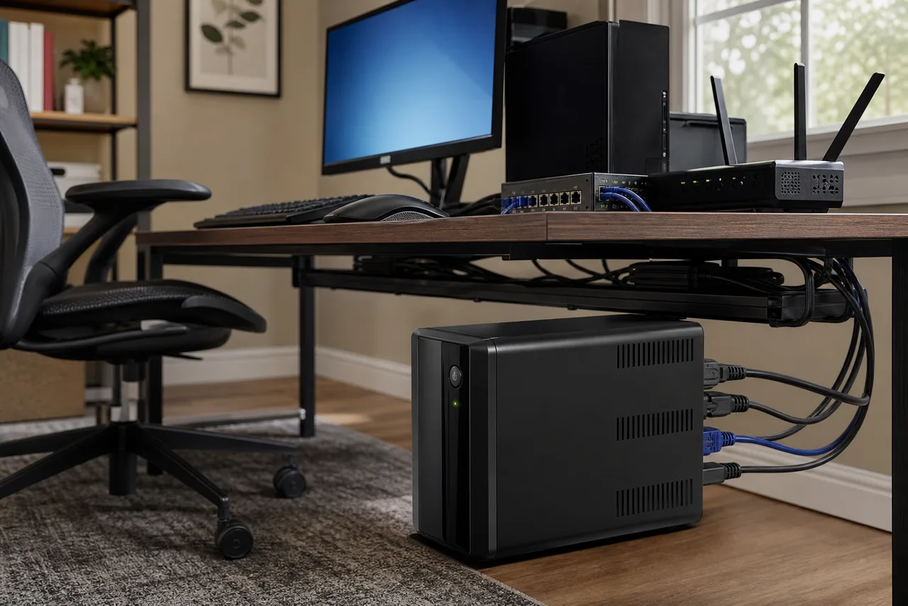 CPSY 120V home offline UPS protecting a desktop computer, Wi-Fi router, and small office network in a U.S. home office
